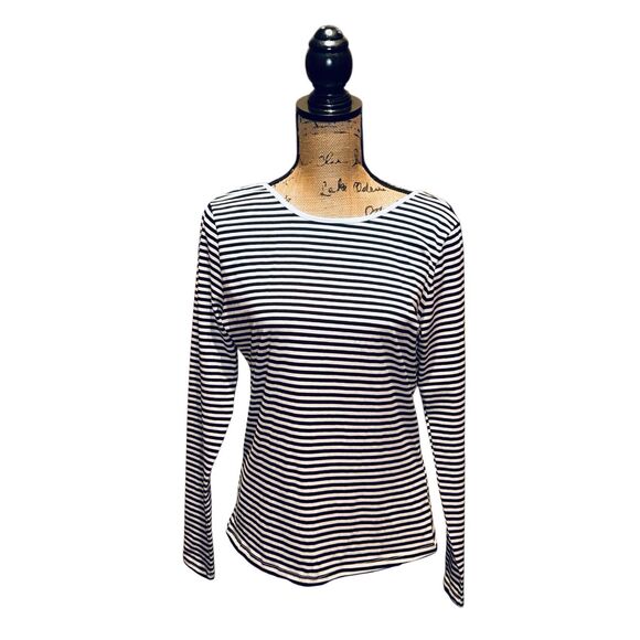 H&M Black & Ivory T-Shirt Plunge Back Striped Size L - Picture 1 of 3